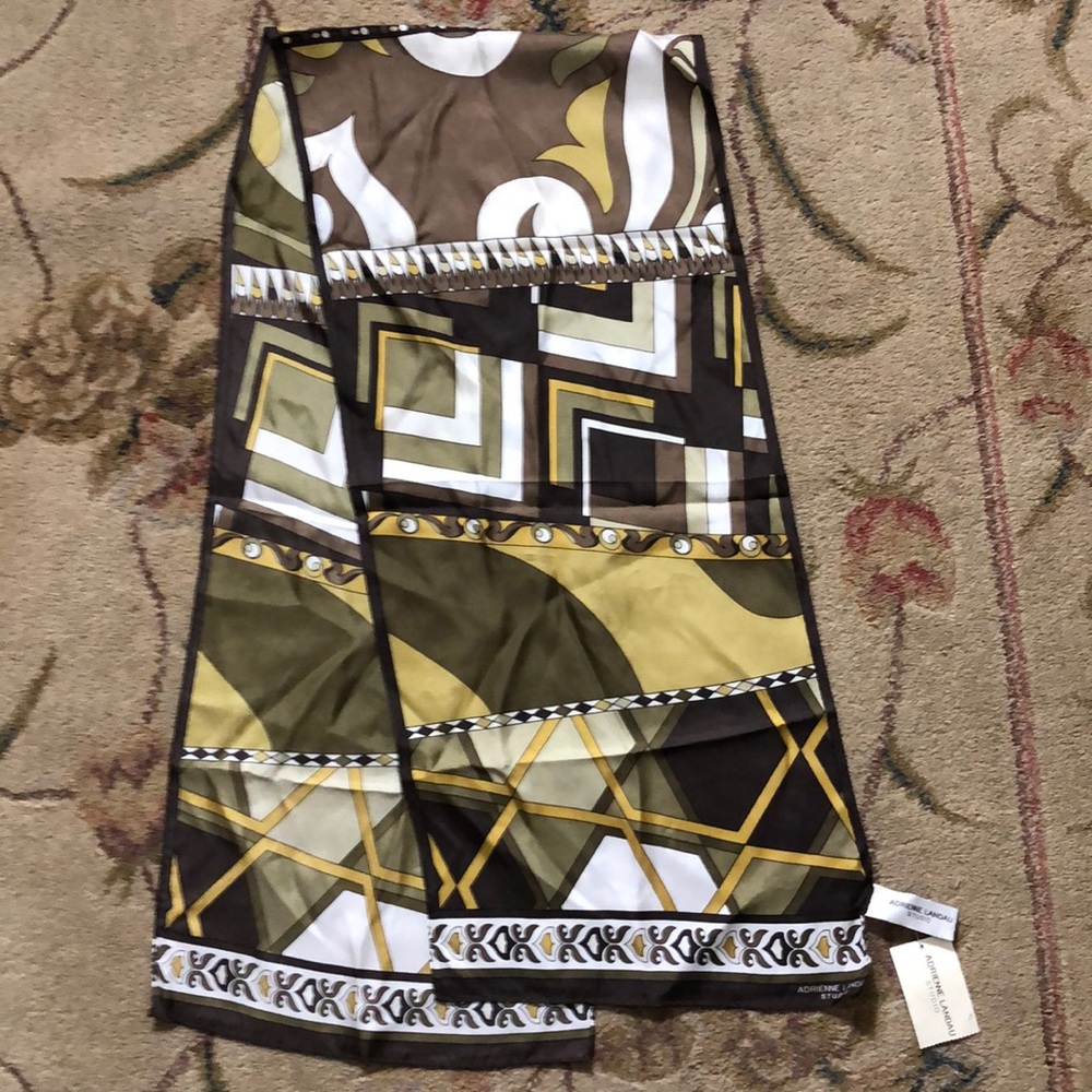 Adrienne Landau Studio Silk Designer Scarf Brown/Beige/White Abstract Pr…